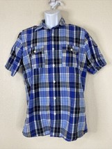 Poco Loco Men Size M Blue Plaid Button Up Shirt Short Sleeve Pockets - $7.70