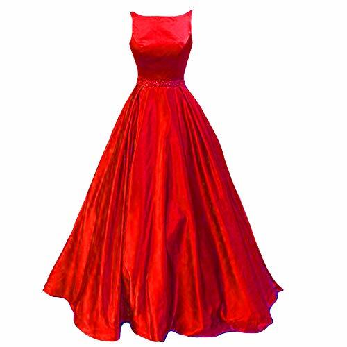Women Bateau Beaded Sash Satin Long A Line Formal Evening Prom Dresses Red US 6