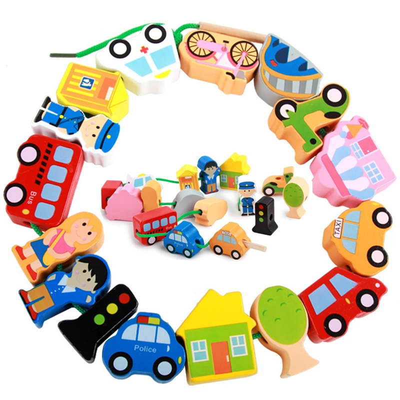 Wooden Toys Montessori Baby Toys DIY City Threading Beads String Lacing Puzzle - £16.42 GBP+