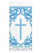 Fancy Blue Cross 1 Ct Plastic Tablecover 54 x 84 Baptism Confirmation Church - $6.43