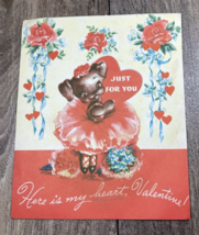 Vintage Valentine Here&#39;s My Heart Dancing Dog in Tutu 1930s Golden Bell ... - £4.78 GBP