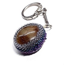 Round Polished Brown Amber Stone Purple Blue Beaded Keychain Keyring - £6.18 GBP