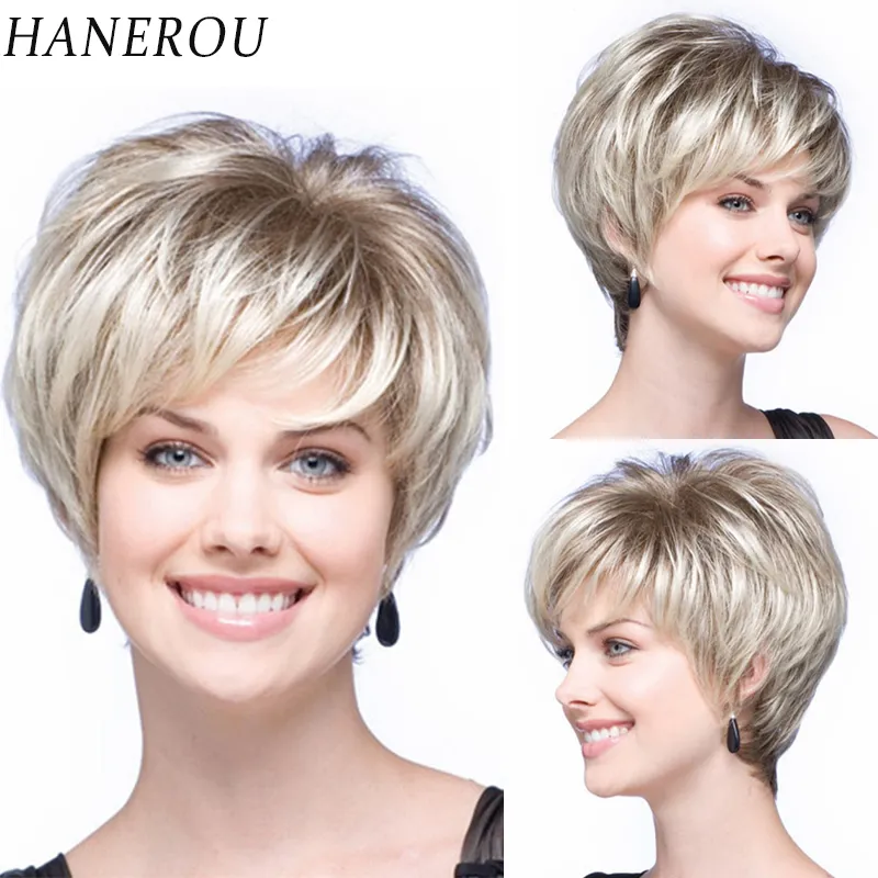 Ombre Blonde Wig Synthetic Wigs for White Women Short Pixie Hair Wig Natur - £14.18 GBP
