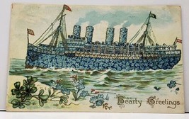 Hearty Greetings Beautiful Embossed Gilded Floral Steamer Boat Postcard G3 - £9.41 GBP