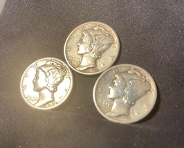Lot of 3 Antique Silver Winged Liberty  Mercury Dimes 1937 1938 1939 - £20.50 GBP