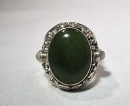 Vintage Sterling Silver Signed Sajen Jade Ornate Adjustable Ring K1149 - £120.70 GBP