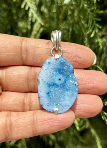 925 Sterling Silver Plated, Turquoise Blue Druzy Geode Agate Stone Penda... - $12.73