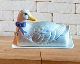 Vintage Duck Butter Dish Ceramic Blue Bow Farmhouse Country Kitchen Decor - £19.92 GBP