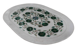 11&quot;x16&quot; White Marble Tray Malachite Inlay Floral Art Handmade Semi Precious Gift - £899.59 GBP