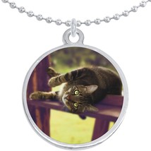 Lounging Kitty Cat Round Pendant Necklace Beautiful Fashion Jewelry - £8.51 GBP