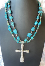Vintage Howlite And Silver Tone Cross Necklace 2 Tiers Beautiful Blue Co... - £44.84 GBP