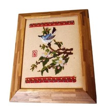 Vtg Crewel Blue Jay Bird  Finished Unique Wood Framed Needlepoint Signed... - $37.36
