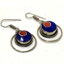 Red Coral Lapis Lazuli Handmade Baho Drop/Dangle Earrings Nepalese 1.90&quot; SA 3466 - £4.70 GBP