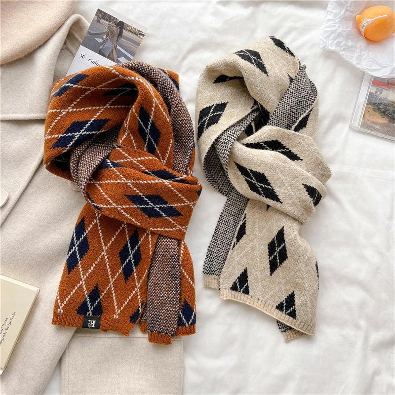 Skinny Woolen Yarn Women Scarf Plaid Winter Warm Knitted Neckerchief Buf... - $45.99