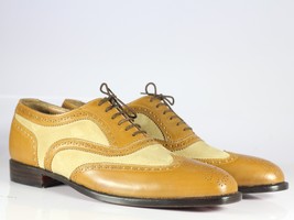 Men&#39;s Bespoke Tan Leather Beige Suede Shoes, Men Wing Tip Brogue Designer Shoes - £115.89 GBP+