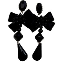 Black Dangle 3-1/2&quot; Drop Beaded Cluster &amp; Satin Bow Pierced Statement Earrings  - £7.90 GBP