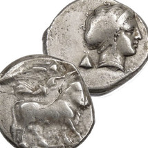 Nymph/Man Headed Bull, Nike w/wreath. Neapolis, Campania Greek Nomos/Stater Coin - £387.71 GBP