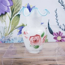 Fenton Optic Swirl Opalescence 6&quot; vase  Hand Painted Roses  Ruffled Blue Rim - £14.77 GBP