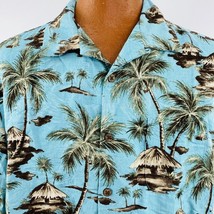 Caribbean Aloha Hawaiian XL Teal Blue Tiki Hut Palm Trees Islands Coconut Button - £31.57 GBP