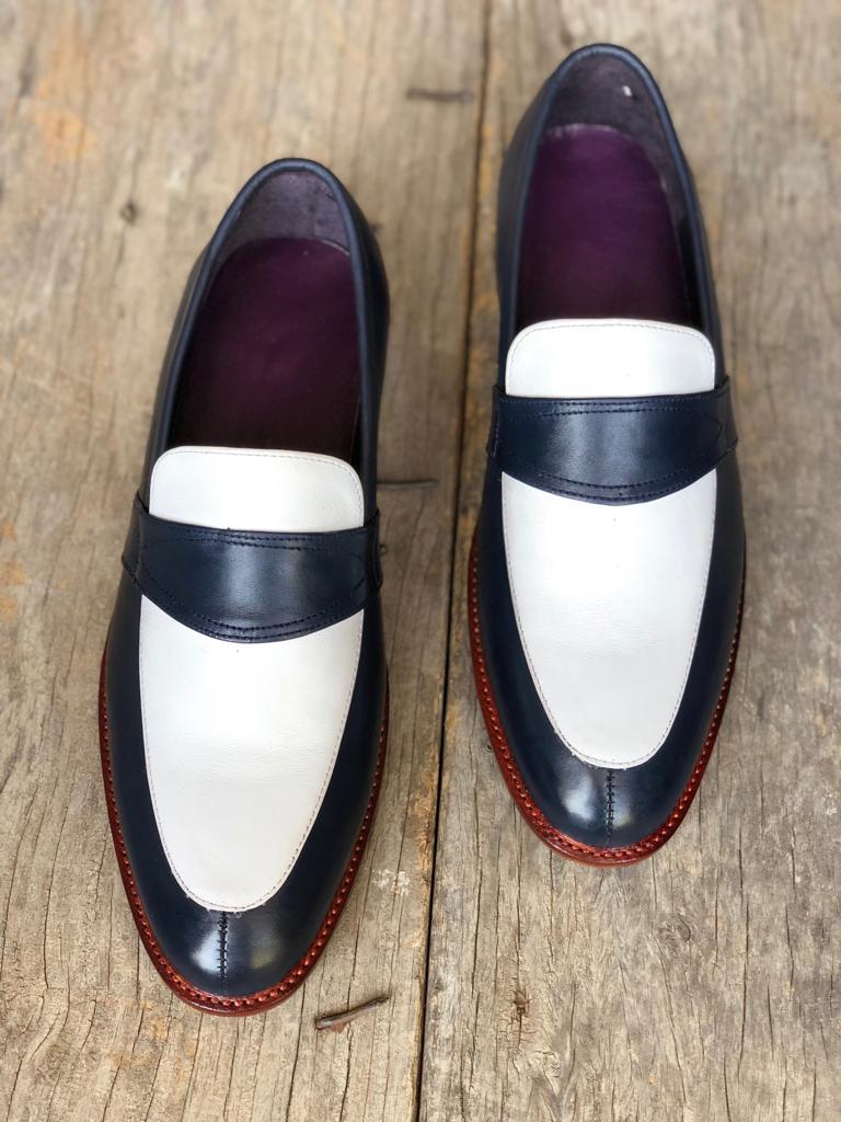 New Handmade Men Black & White leather loafer dress shoes unique leather shoes