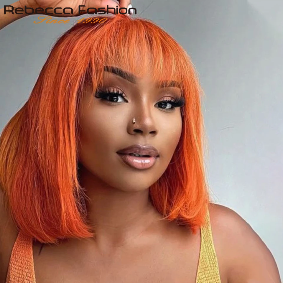 180D Orange/Ginger Colored Blonde Straight Human Hair Bob Wigs With Bangs Re - £28.45 GBP+