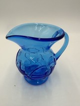 Electric Blue Pitcher Art Glass Hand Blown Floral Pressed Handled Decor ... - £21.55 GBP