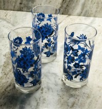 Set Of Four (3) 6” Tall 16.3oz Blue Flowers Drinking Tumbler Glasses-NEW... - $39.48