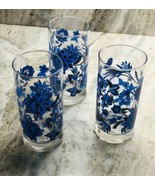 Set Of Four (3) 6” Tall 16.3oz Blue Flowers Drinking Tumbler Glasses-NEW... - $39.48