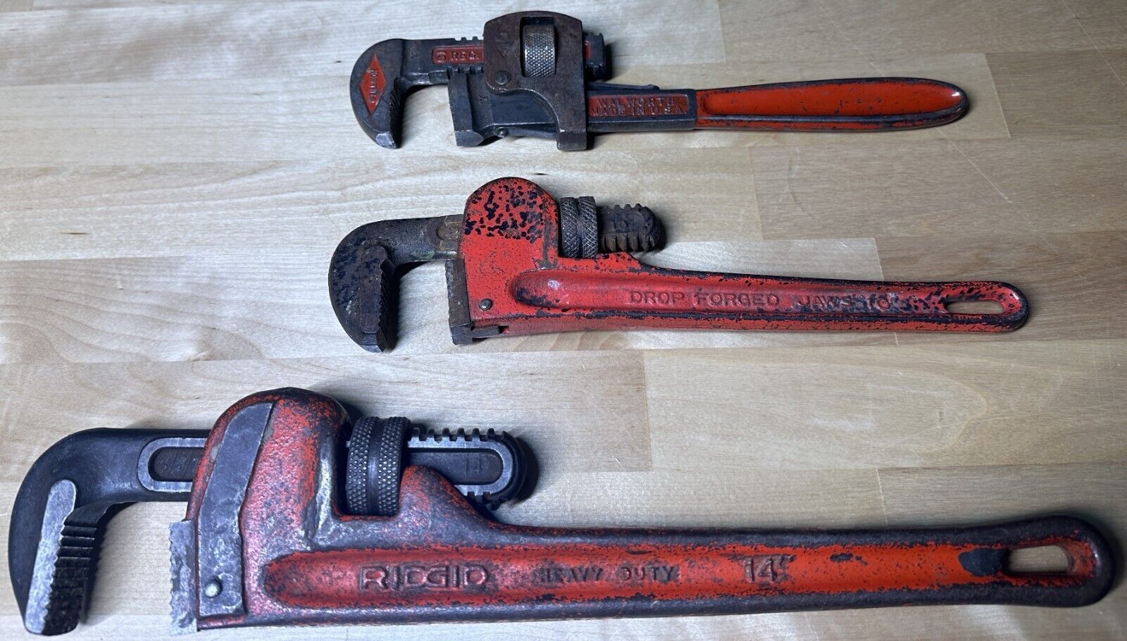 Vintage Ridgid 14” Pipe Wrench Heavy Duty + JAWS 10" + Stillson 10" Pipe Wrench - $31.68