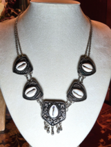 Ethnic Cowrie Shell Ornate Metal  Bib Necklace Conch Sea Hawaiian Boho Tribal - £17.77 GBP