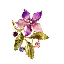 Vtg Brooch Gold Tone Rhinestone Purple Flower Floral Pin Spring Easter 2” - $9.97