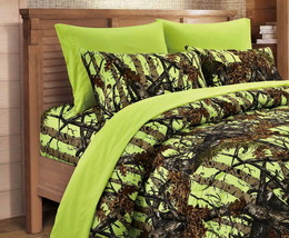 7 pc Lime Woods Camo Full Size Comforter and sheets/pillowcases set Neon Yellow - £70.43 GBP