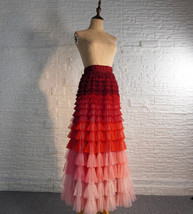 Red Tiered Tulle Skirt Outfit Women Plus Size Layered Tulle Maxi Skirt image 4