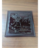 vintage 4&quot; pink glass trivet &quot;Happy Easter&quot; girl in bonnet bird&#39;s nest - $13.55 CAD