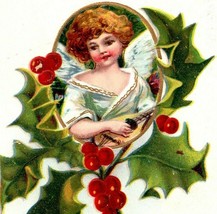 c1908 Merry Christmas Postcard Angel Playing Mandolin Holly Berries Embossed - £11.92 GBP