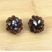 VTG Glass Bead Cluster Clip On Earrings Brass West Germany Iridescent - £15.28 GBP