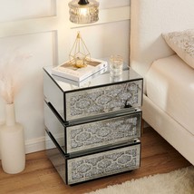 Mirrored Nightstand: Modern Silver 3-Drawer Crushed Diamonds - $430.85 CAD