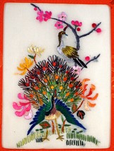 Hand Stitched Silk Oriental / Chinese Wall Hanging Peacocks &amp; Flowers - $25.99
