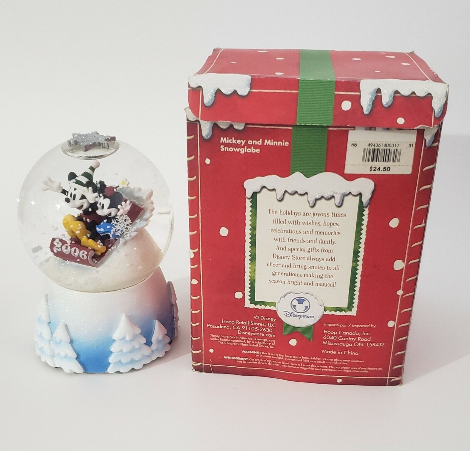 Mickey & Minnie Mouse Water Globe Sledding Snow Flake 2006 - £15.77 GBP
