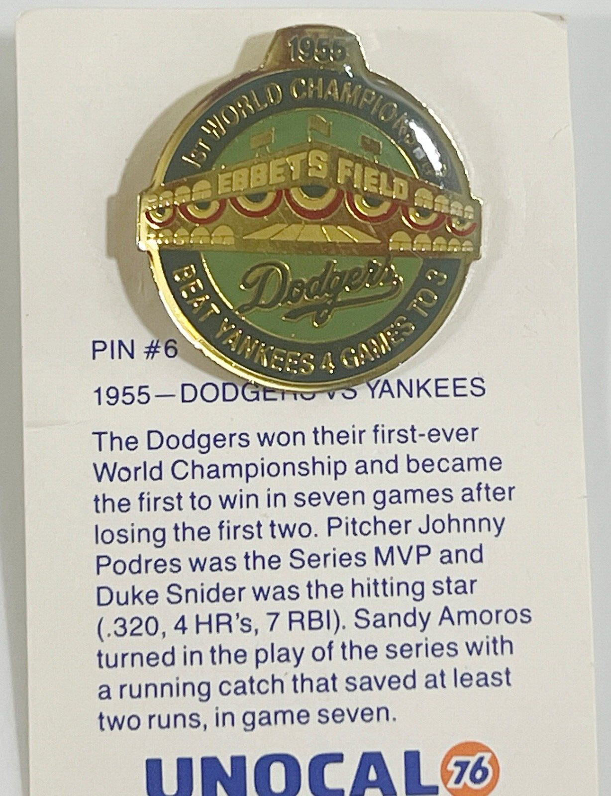 Dodgers 1st World Championship 1955 Beat Yankees 4 Games to 3 Lapel Pin - $4.94