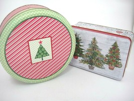 Christmas Tins Lot of 2 Rectangular with Trees Round Noel with Strips an... - £7.39 GBP
