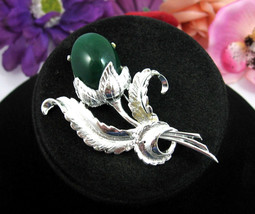 Judy Lee Flower Brooch Vintage Pin Green Glass Cab Bud Silvertone 2 3/4&quot; Floral - £18.91 GBP