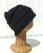 Horizontal Braided Kint High Bun Beanie Hat Recycled Polyester Soft Black #W For - £12.77 GBP