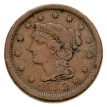 Lot of 2 Large Cents (1853 and 1854) in Fine Condition, Brown Color, Nice Detail - £59.52 GBP