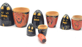 Halloween Kitty Cat Pumpkin Handpainted Wood Stacking Nesting Dolls 5 Vintage - £27.96 GBP