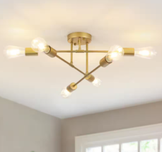 6-Light Gold Dimmable Sputnik Chandelier Modern Linear Semi Flush Mount,... - $600.71 MXN