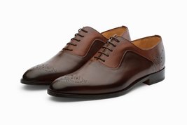 Oxford Shoes Men&#39;s Two Tone Brown Brogue Toe Premium Quality Leather Laceup - £101.82 GBP