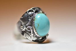 Turquoise ring Navajo leaves feathers southwest women sterling silver - £108.95 GBP