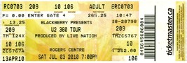 U2 Concerto Ticket Stub Luglio 3 2010 Toronto Ontario Canada - £27.97 GBP