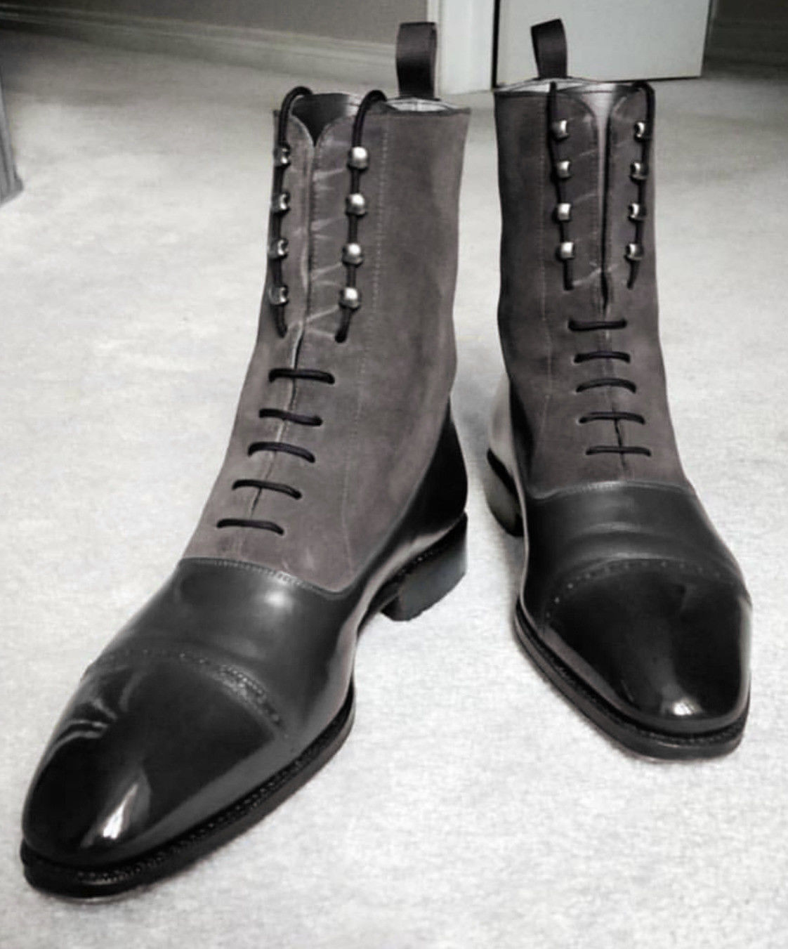 High Ankle Silver Beads Men Black Cap Toe Grey Suede Leather Boots US 7-16